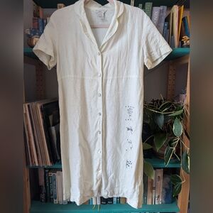 Vtg Off-white Linen Shirt Dress Nature Embroidery JPR